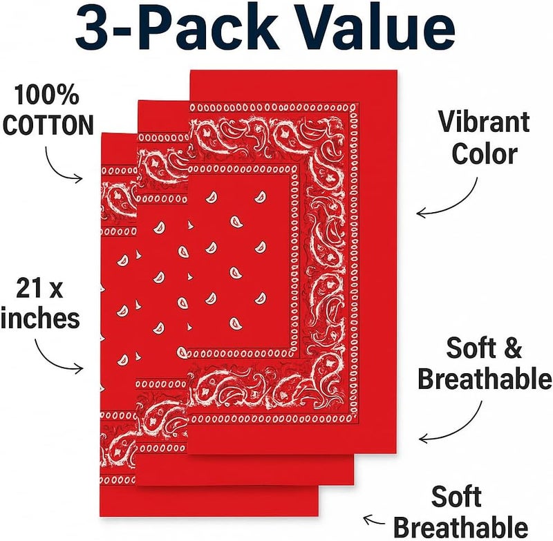 SUNRIBE 3 Pack Paisley Bandanas – 100% Cotton Square 21x21 Head Wrap, Headband, Face Cover, Neck Scarf for Men & Women - Image 2